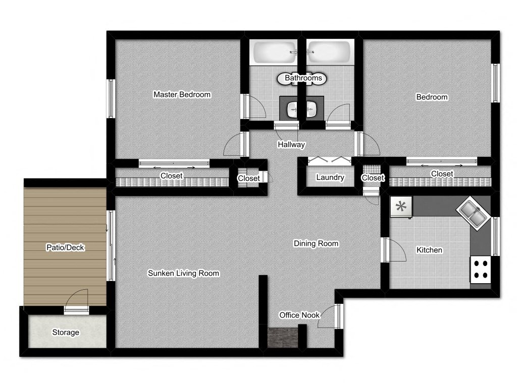 Floor plan for 2 beds, 2 baths, 1045 sqft
